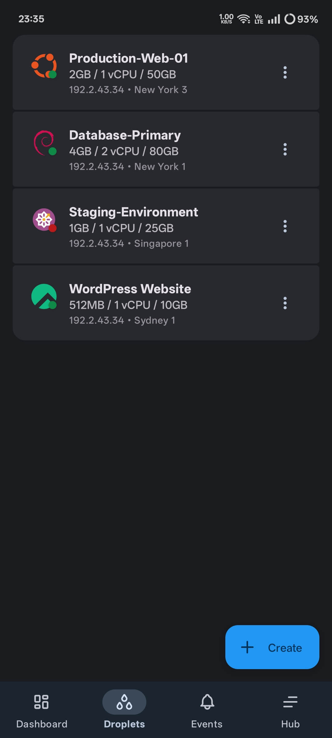 OceanNex Droplet Console Screenshot showing server controls